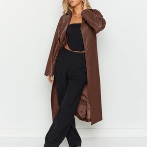 Faux Leather Long Trench Coat